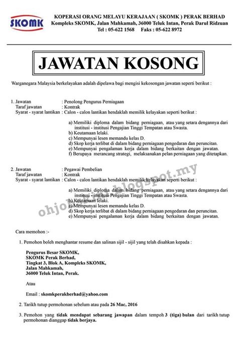 Jawatan kosong pentadbiran kerajaan negeri perak. Jawatan Kosong Koperasi Orang Melayu Kerajaan (SKOMK ...