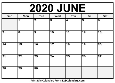 Printable June 2020 Calendar Templates