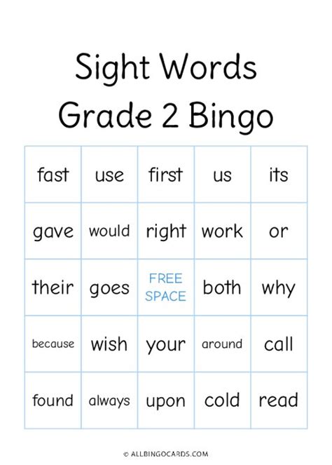 Grade 2 Sight Words Bingo Printable Reading Activity For Kids