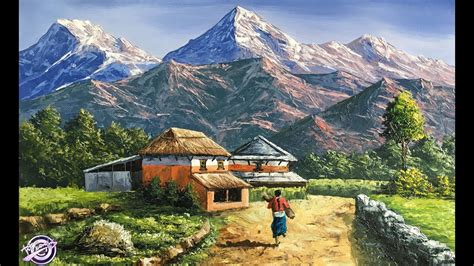 Mountain Landscape Painting Typical Nepali Village Painting