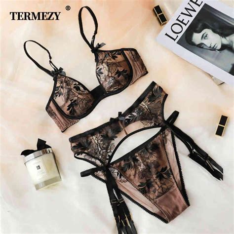 termezy sexy lace embroidered bra and brief set back push up unlined thin lingerie for women