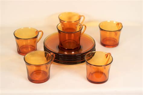 Vintage Set Of Tea Cups Duralex France Amber Glass Etsy