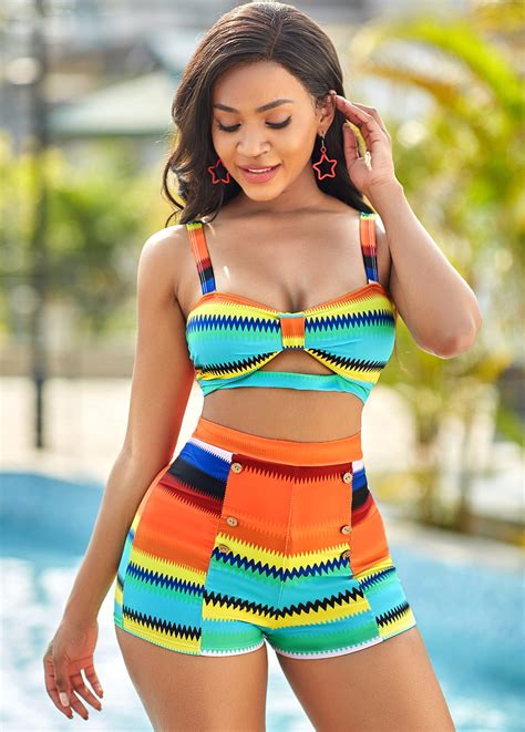 Colorful Striped High Waisted Plus Size Bikini Set Rosewe Com Usd