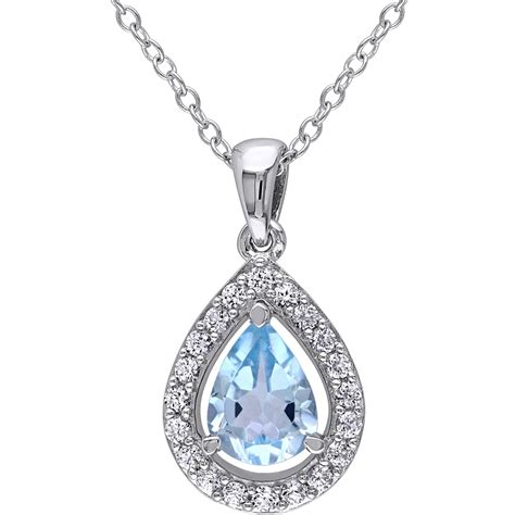 Blue Topaz And Created White Sapphire Teardrop Halo Necklace In