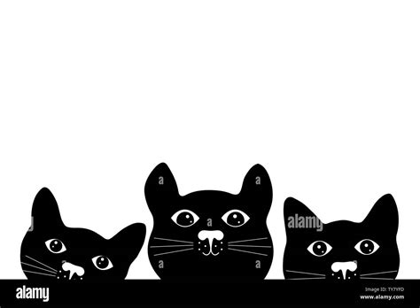 Three Cute Black Cat Faces Silhouette Of Cats On White Background