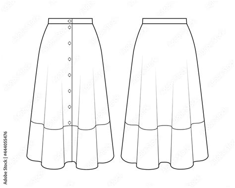 Fashion Technical Drawing Of Flared Skirt With Buttons Stock Vector
