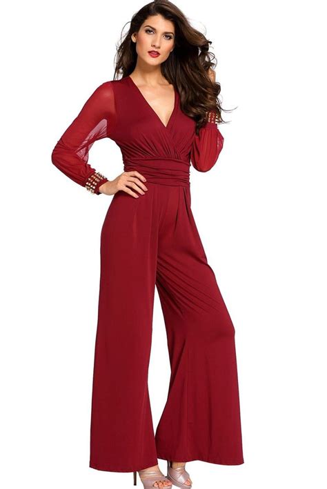 burgundy embellished cuffs mesh long sleeves wide leg formal jumpsuit jumpsuits for women