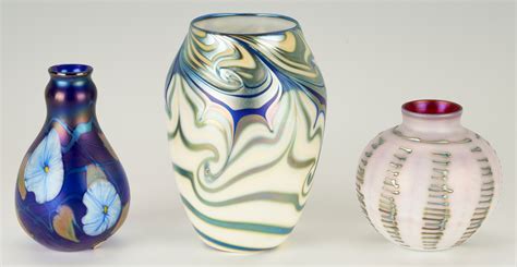 Lot 561 Three 3 Charles Lotton Iridescent Art Glass Vases Case Auctions