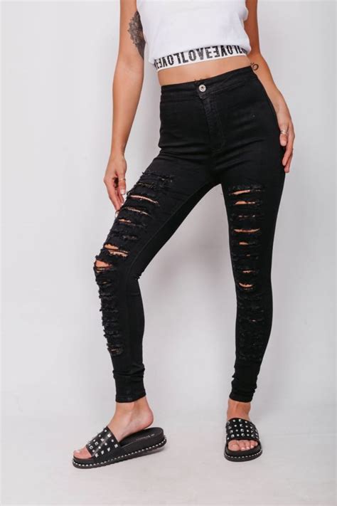 Wholesale Black High Waist Extreme Ripped Skinny Jeans J5fashion