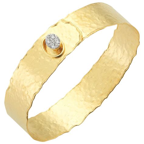 Handcrafted Karat Yellow Gold Hammered Narrow Cuff Bracelet For Sale