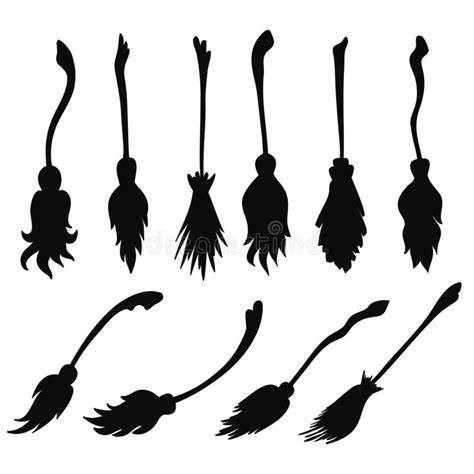 Witch Brooms Silhouettes Collection Isolated On White Background A Set