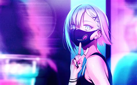 2560x1600 Anime Girl City Lights Neon Face Mask 4k Wallpaper2560x1600