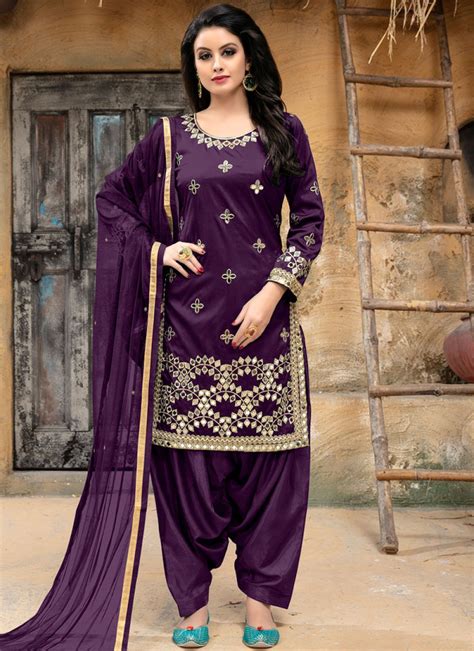 Shop Online Purple Tafeta Silk Embroidered Punjabi Suit 87996