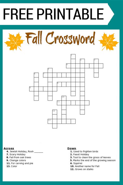 Fall Crossword Puzzle Free Printable Worksheet Free Printable