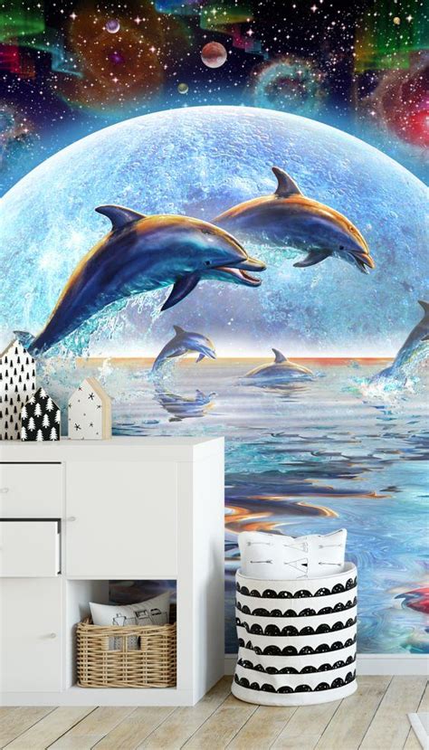 Dolphins By Moonlight Wall Mural Wallsauce Au Mural Wallpaper Art