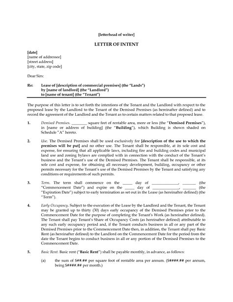 Free Letter Of Intent To Lease Commercial Space Template