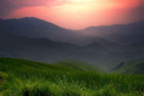 1080x1920 Resolution Green Field Landscape Sunset Grass Mountains