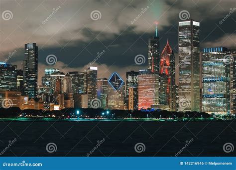 Downtown Chicago Cityscape Skyline At Night Stock Photo Image Of
