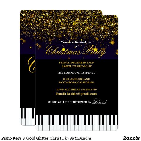 Piano Keys And Gold Glitter Christmas Party Invitation