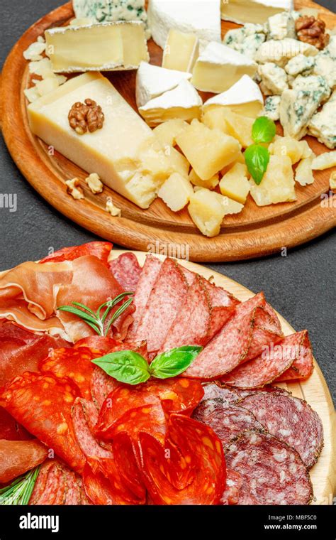 Cold Meat Cheese Plate With Salami Chorizo Sausage And Various Type Of