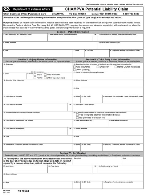 Va Form 10 7959d Champva Potential Liability Claim Va Forms
