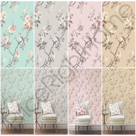Fine Decor Chic Floral Chinoiserie Bird Wallpaper In Grey Teal Pink