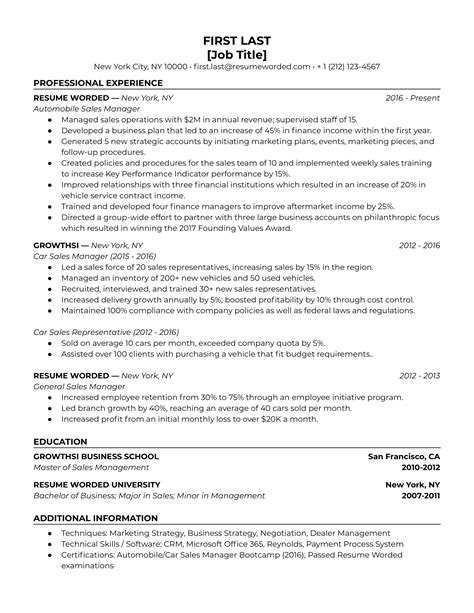 Automobile Car Sales Manager Resume Example For 2023 Resume Worded