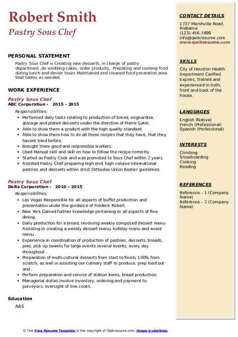 Pastry Sous Chef Resume Samples Qwikresume