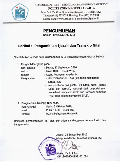 Pengumuman Pengambilan Ijazah Dan Transkip Nilai Pnj Ac Id Politeknik Negeri Jakarta Pnj