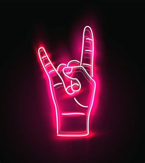 Red Glowing Neon Sign Of Rock Hand Gesture Rock And Roll Music Concept