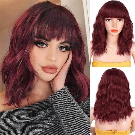 Wine Red Curly Bob Wigs For Women 99j Burgundy Short Wavy Wig With Bangs For Girl