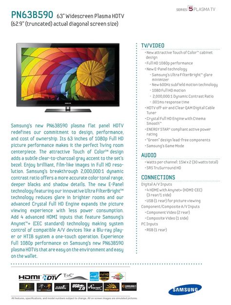 Samsung Pn63b590t5fxza Brochure Pdf Download Manualslib