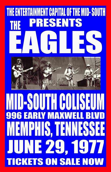 An Advertisement For The Eagles Concert In Front Of A Red And Blue