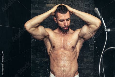 Fitness Handsome Man Taking A Shower In The Morning Natural Looking