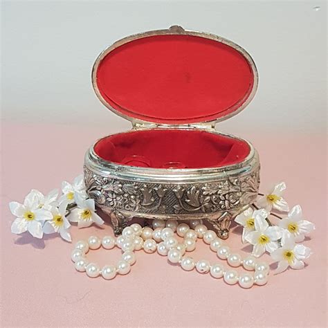 Vintage Oval Porcelain Silver Plate Hinged Jewelry Box Trinket Box