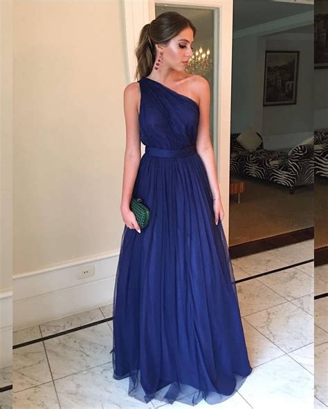 Simple A Line One Shoulder Tulle Navy Blue Long Prom Dresses Discount Evening Party Dresses