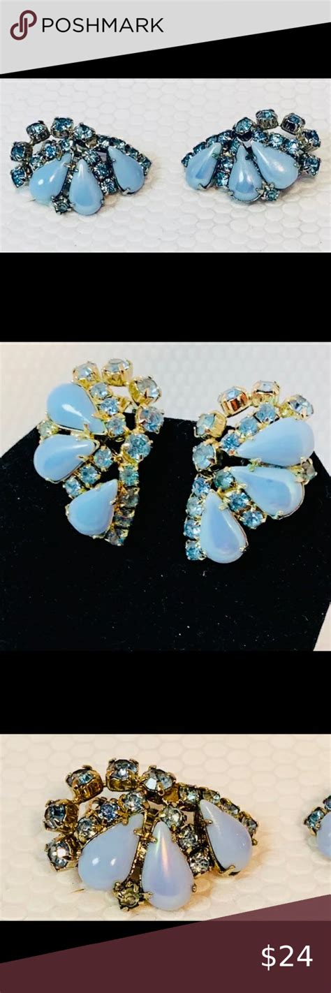 Vtg Blue Rhinestone Necklace Clip Earrings Clip On Earrings Blue