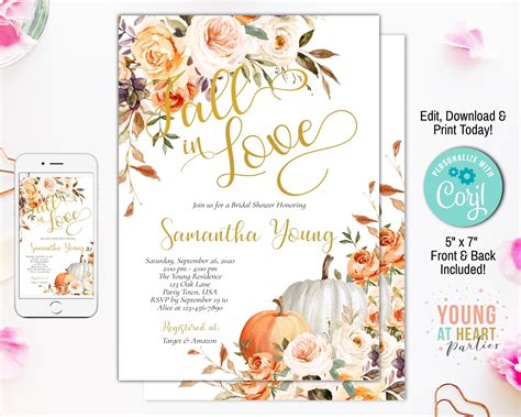 Printable Bridal Shower Invitation Floral Orange Pumpkin Fall In Love