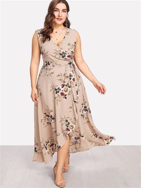 Shein Plus Flower Print Belted Wrap Dress Floral Plus Size Dresses