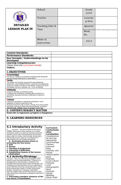 Dlp Do S Template For Demo Detailed Lesson Plan In School