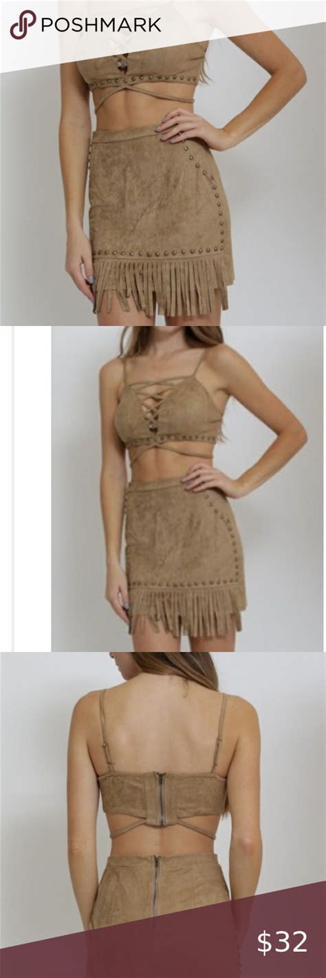 Suede Olive Green 2 Piece Fringe Skirt Set Outfit Skirt Set Outfit