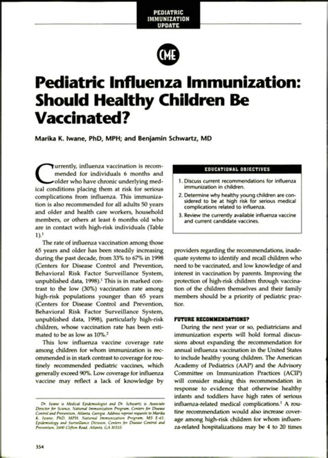 Pediatric Influenza Immunization Should Healthy Children Be Vaccinated