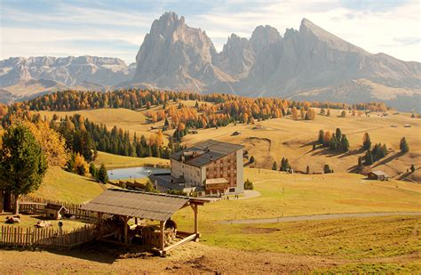 Images Alps Italy Seiser Alm Autumn Nature Mountain Meadow Houses