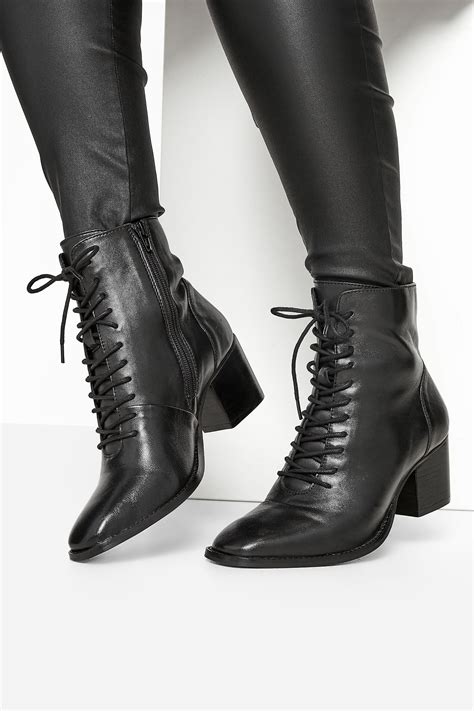 Black Leather Lace Up Heeled Boots In Extra Wide Fit Long Tall Sally