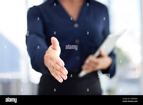 Welcome, trust and woman with hand out for handshake in support or