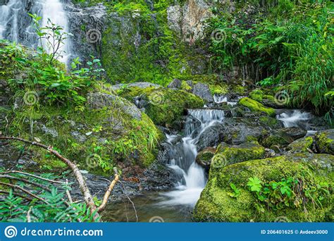 Waterfall Among Mossy Rocks And Greenery Mountain River On Summer Day