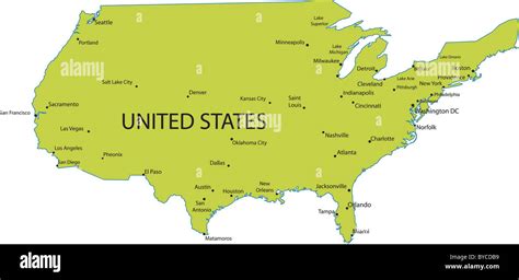 Map Of United States Of America With Major Cities Vector Stock Photo