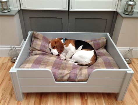 Luxury raised wooden dog bed, with grey tongue & groove panelling, from