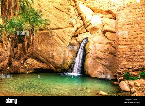 Scenic Waterfall In Oasis Chebika Sahara Desert Tunisia Africa Stock