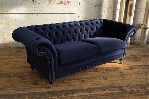British Handmade Vintage Ink Blue Velvet Chesterfield Sofa By